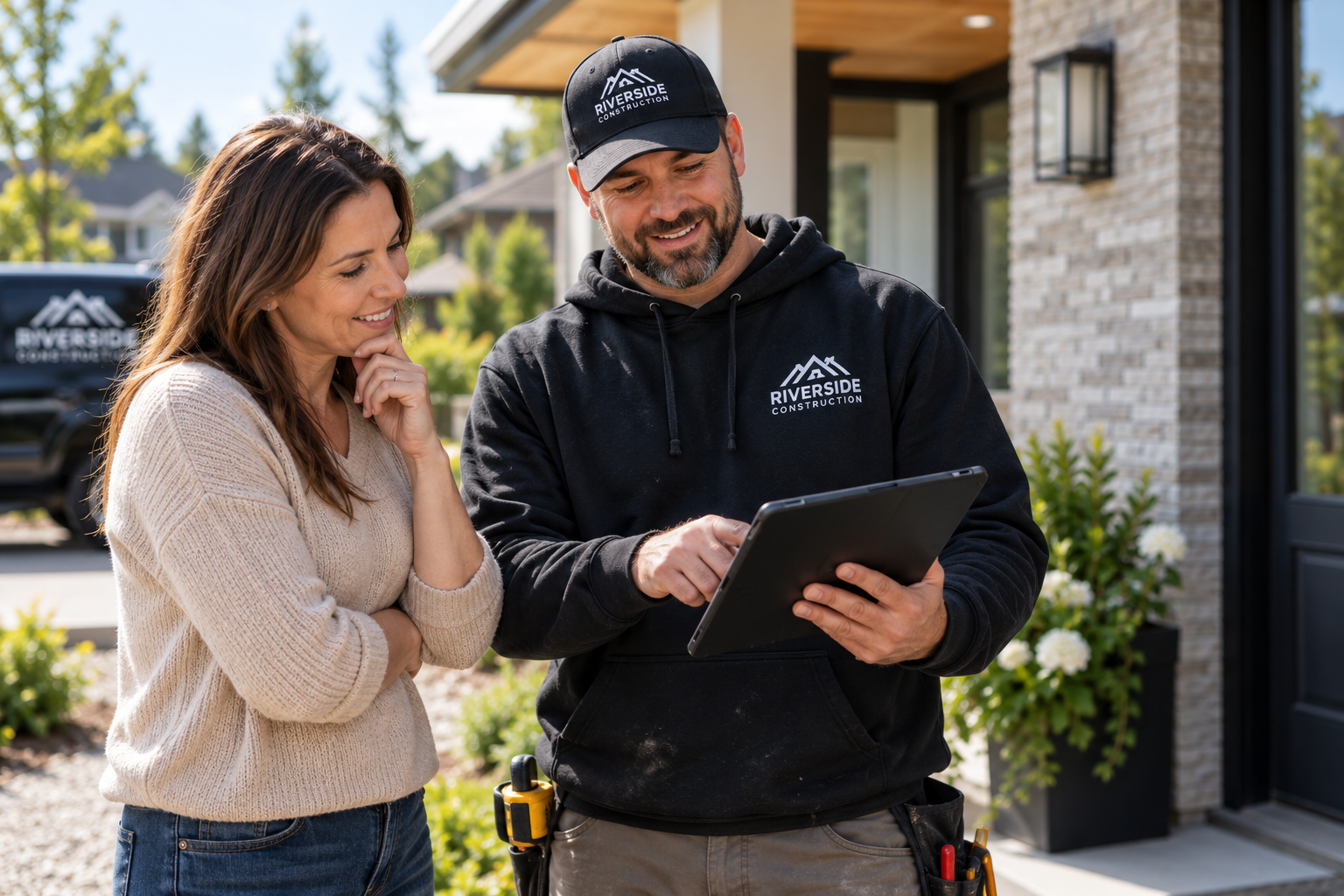 Contractor showing a customer his tablet on-site, both smiling